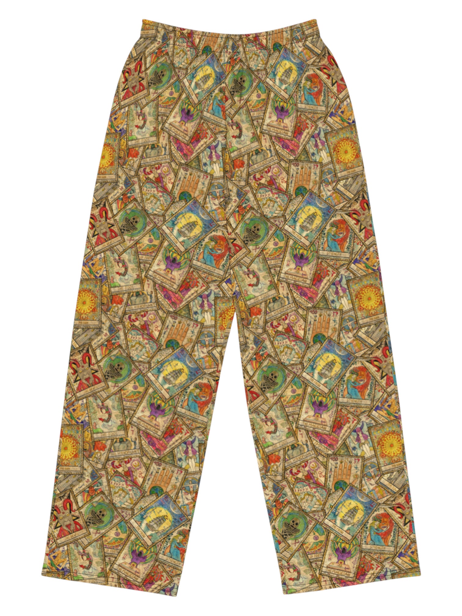 Whimsigoth wide leg lounge pants with vintage tarot card print and practical side pockets.
