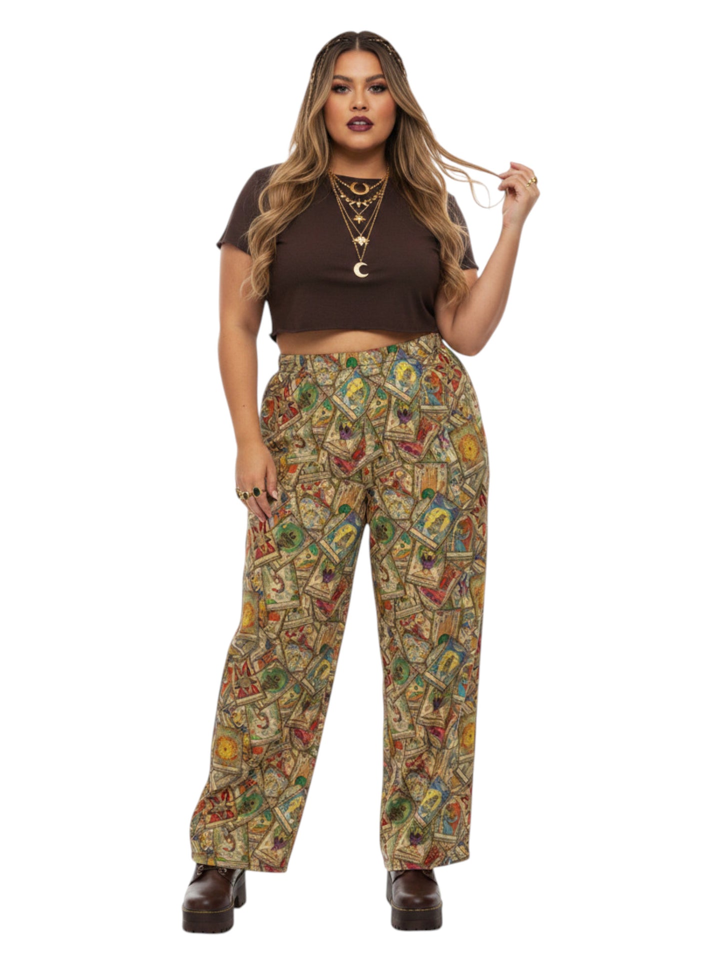 Woman wearing Whimsigoth wide leg lounge pants with vintage tarot card print and practical side pockets.