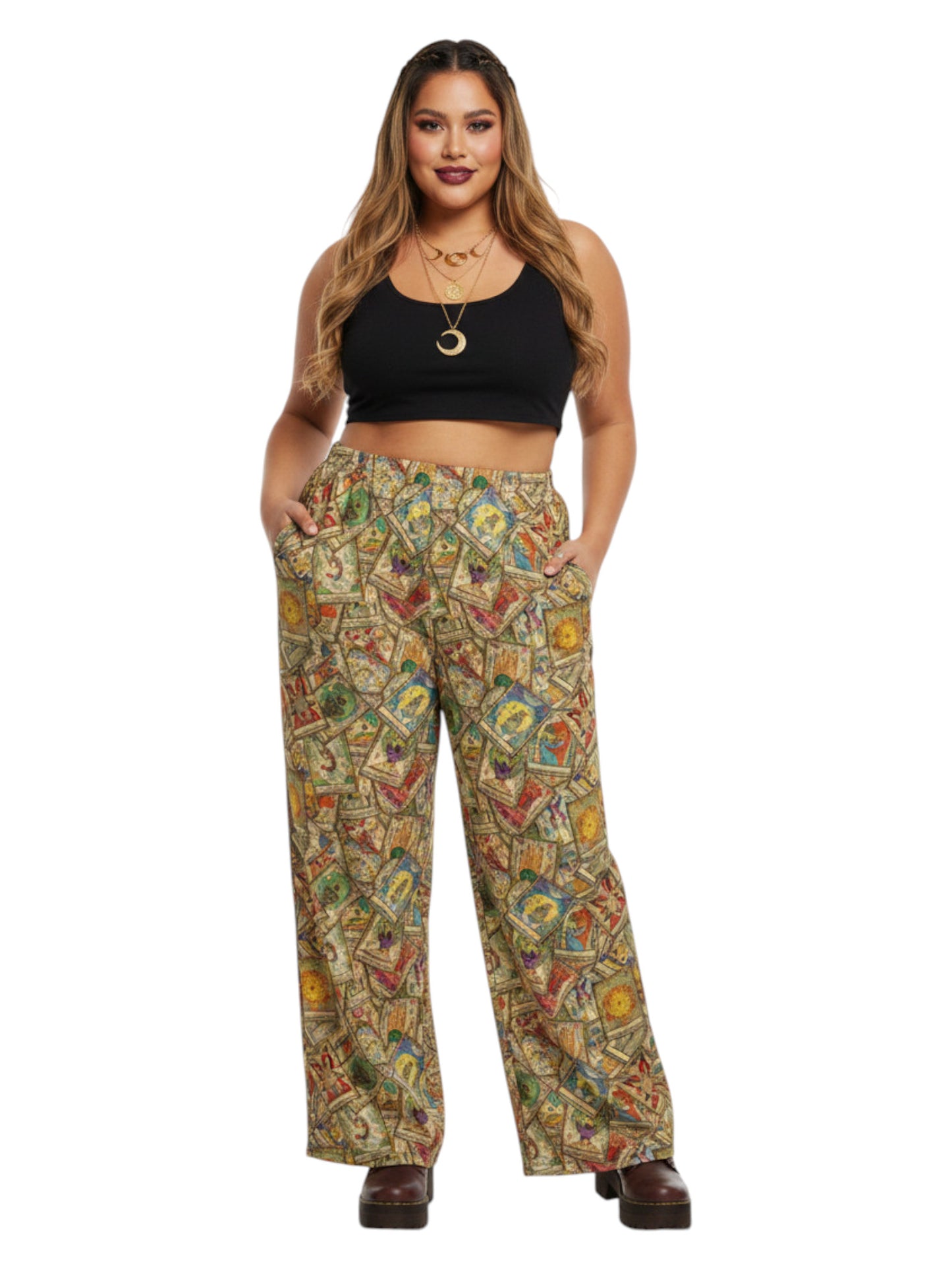 Woman wearing Whimsigoth wide leg lounge pants with vintage tarot card print and practical side pockets.