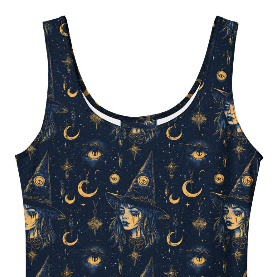 Navy dress with celestial pattern on a white background