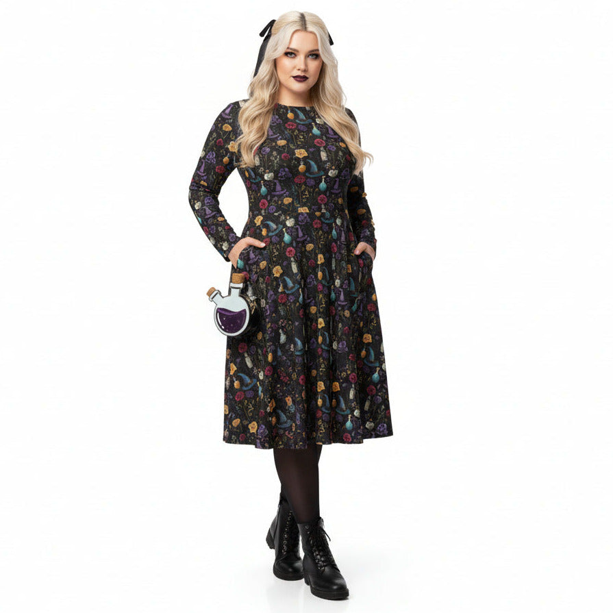 Woman wearing a floral dress with a potion bag on a white background