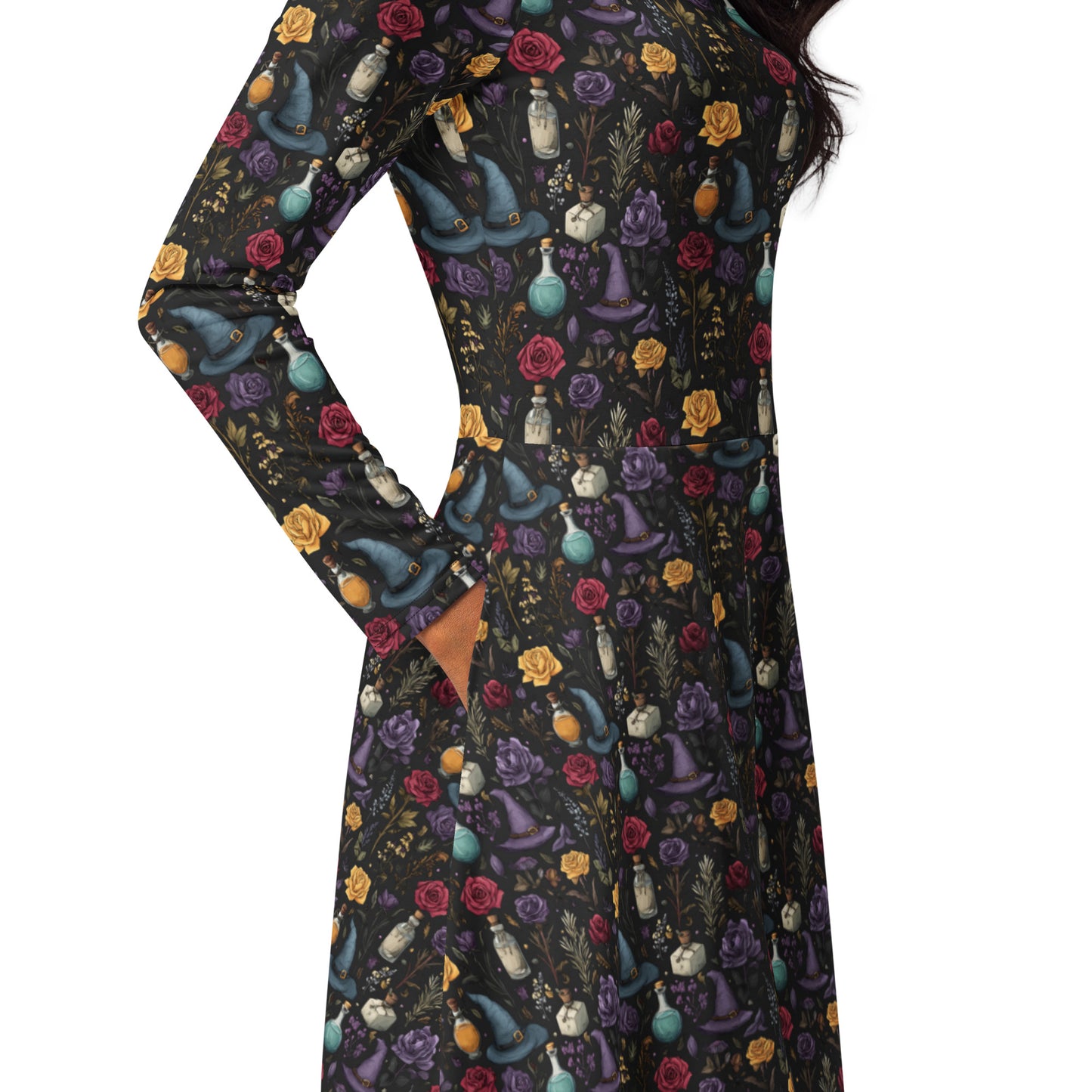Long-sleeve dress with colorful witch hat and potion bottle pattern on a black background
