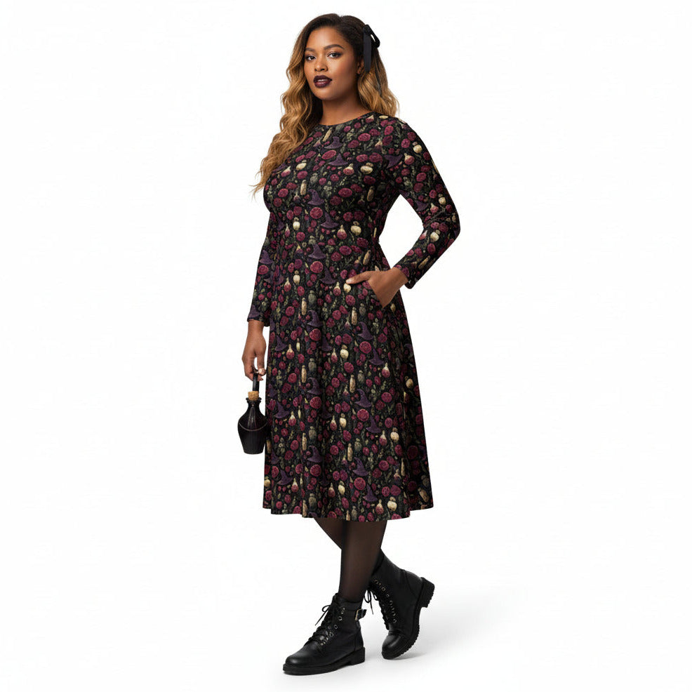 Woman wearing a floral dress with long sleeves on a white background