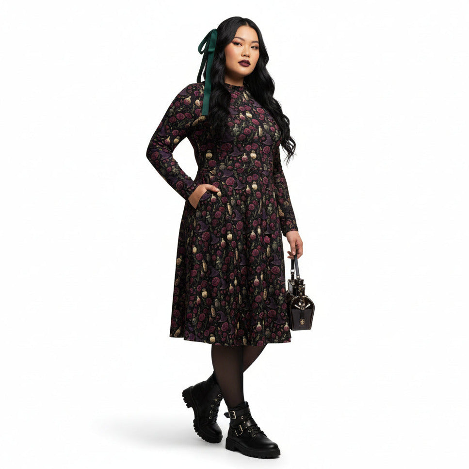 Woman wearing a floral dress with a white background