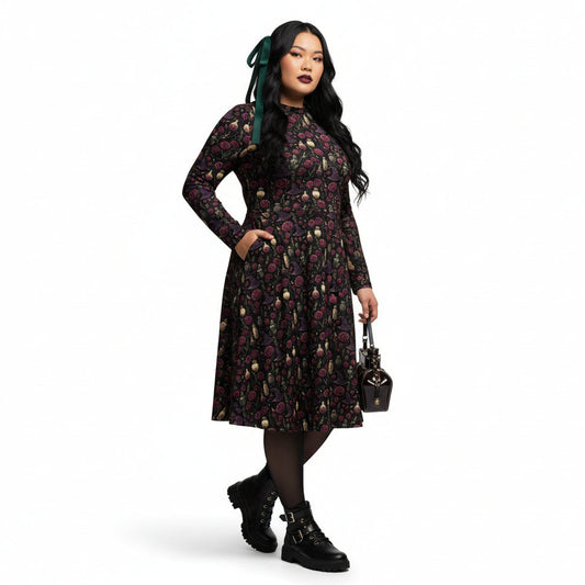 Woman wearing a floral dress with a white background