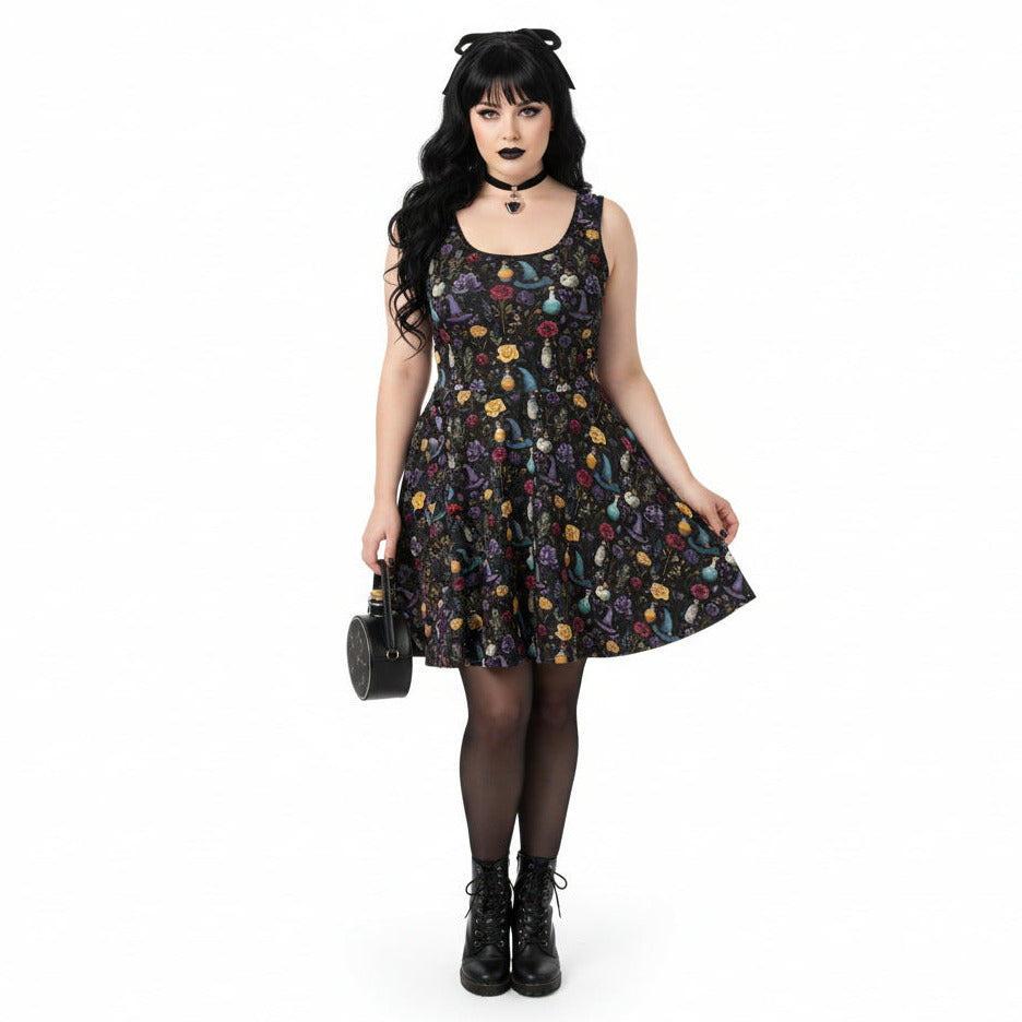 Woman wearing a floral dress with a black background