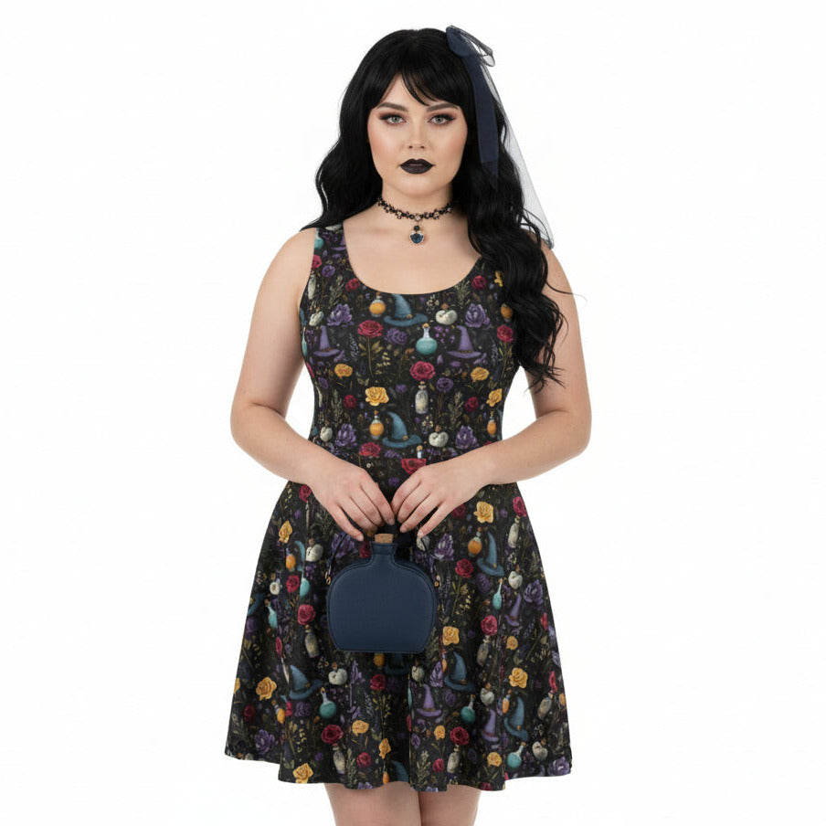 Woman wearing a patterned dress with a white background