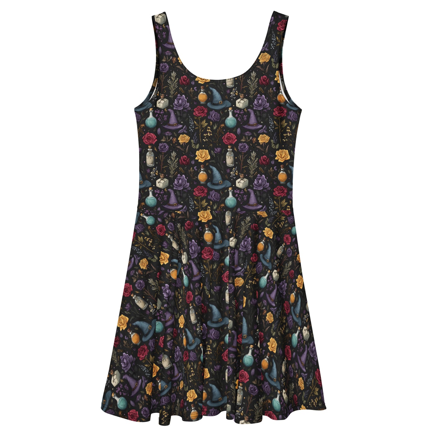 Dress with colorful witch hat and floral pattern on a black background