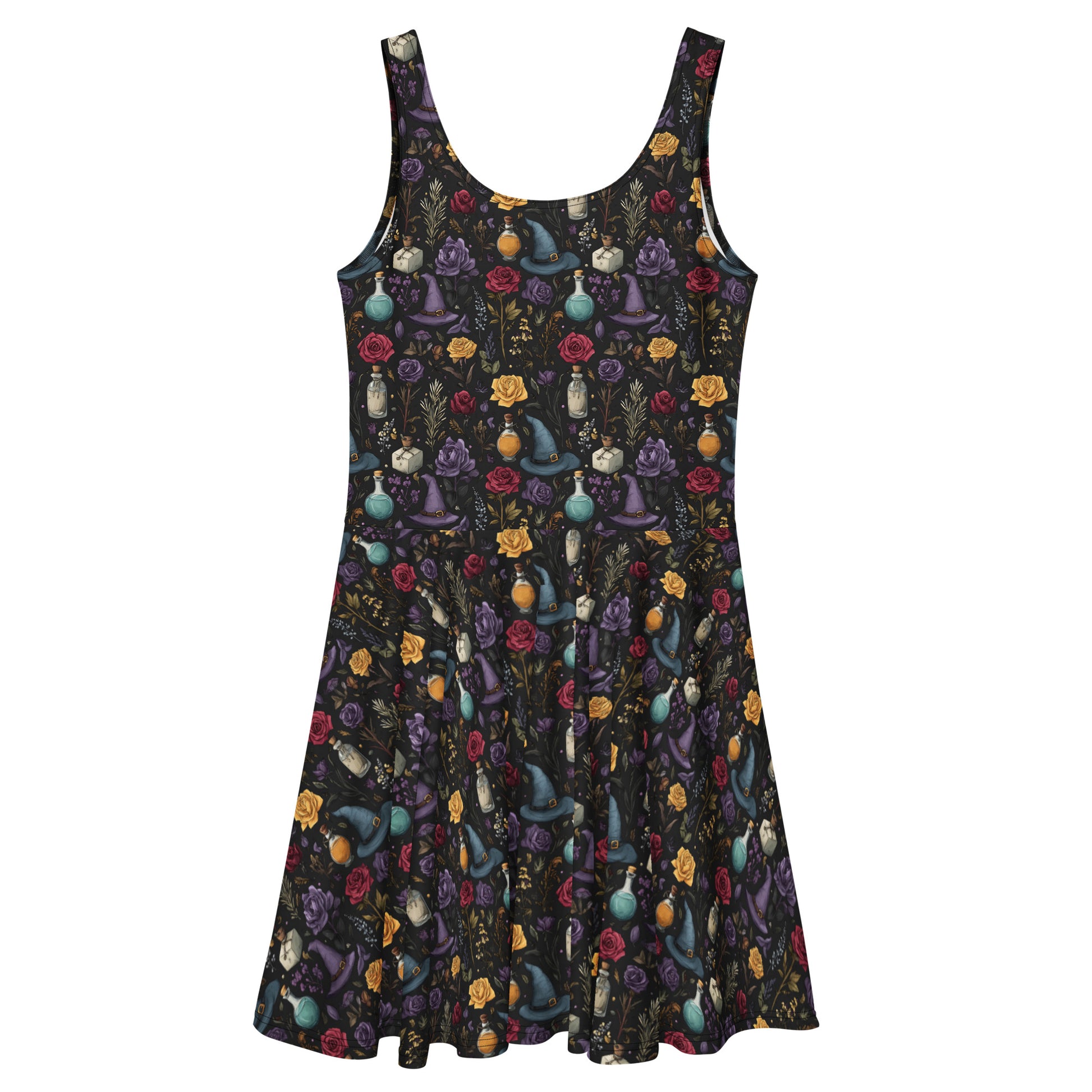 Dress with colorful witch hat and floral pattern on a black background