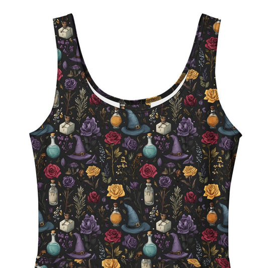 Black sleeveless dress with colorful floral and cat pattern on a white background