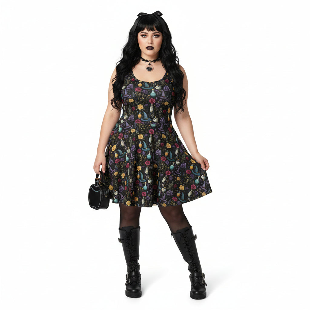 Woman wearing a floral dress with black boots on a white background