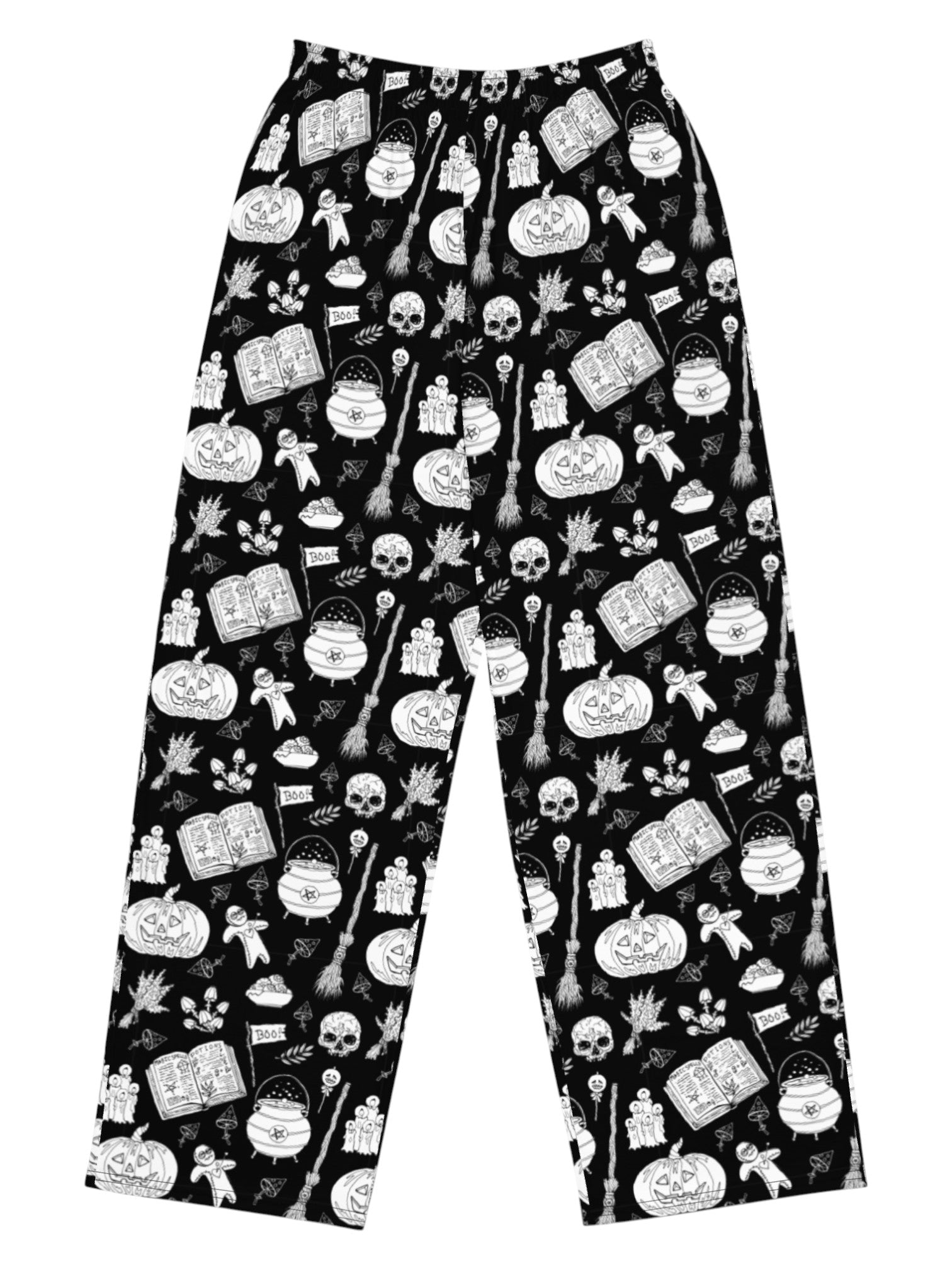 black and white witchy voodoo doll print wide leg lounge pants with side pockets.