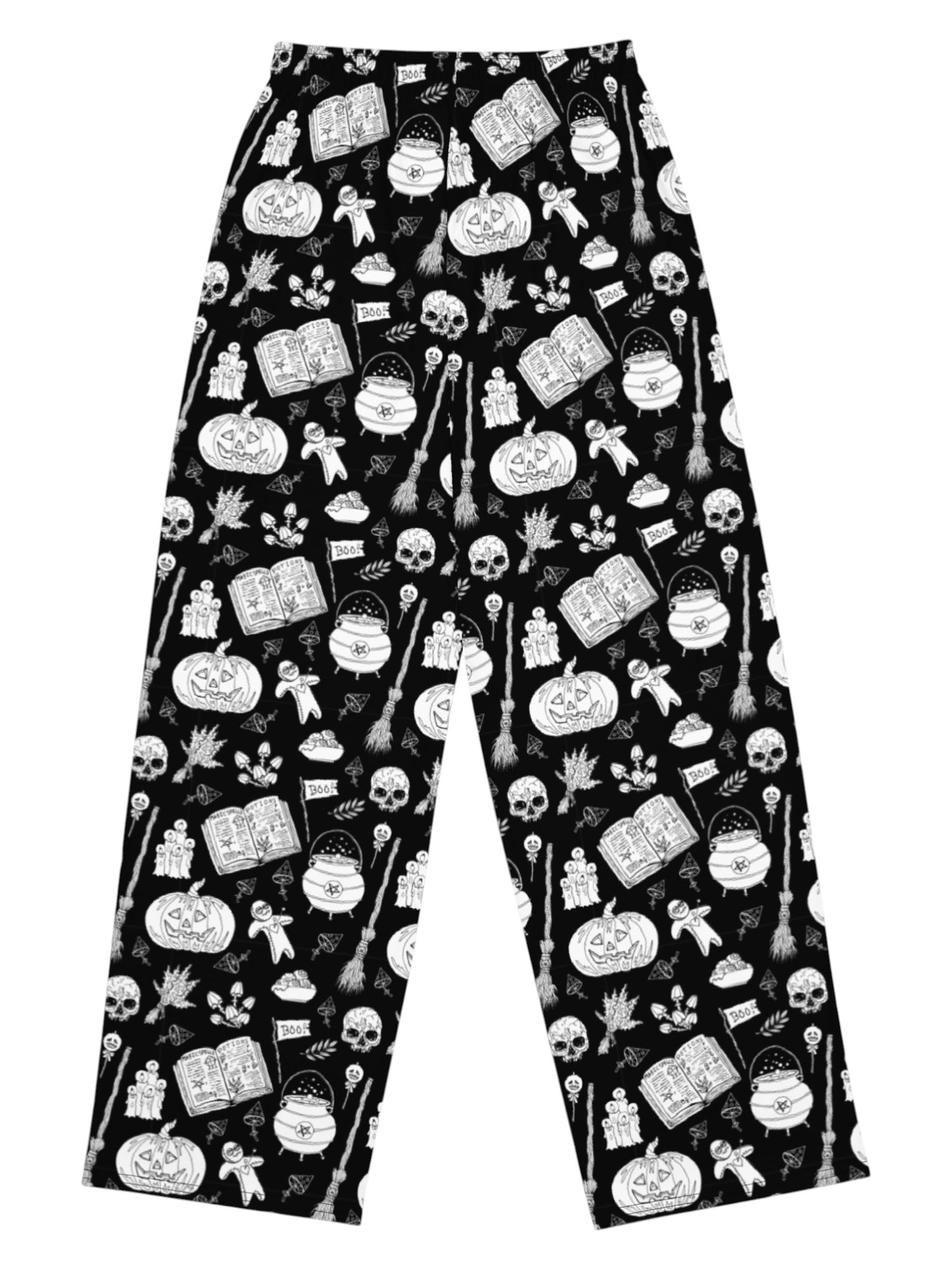 black and white witchy voodoo doll print wide leg lounge pants with side pockets.