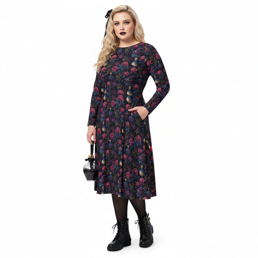 Woman wearing a floral dress on a white background