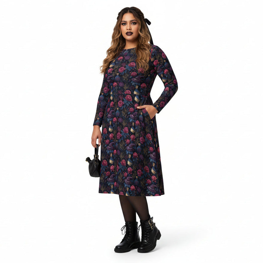 Woman wearing a floral dress on a white background