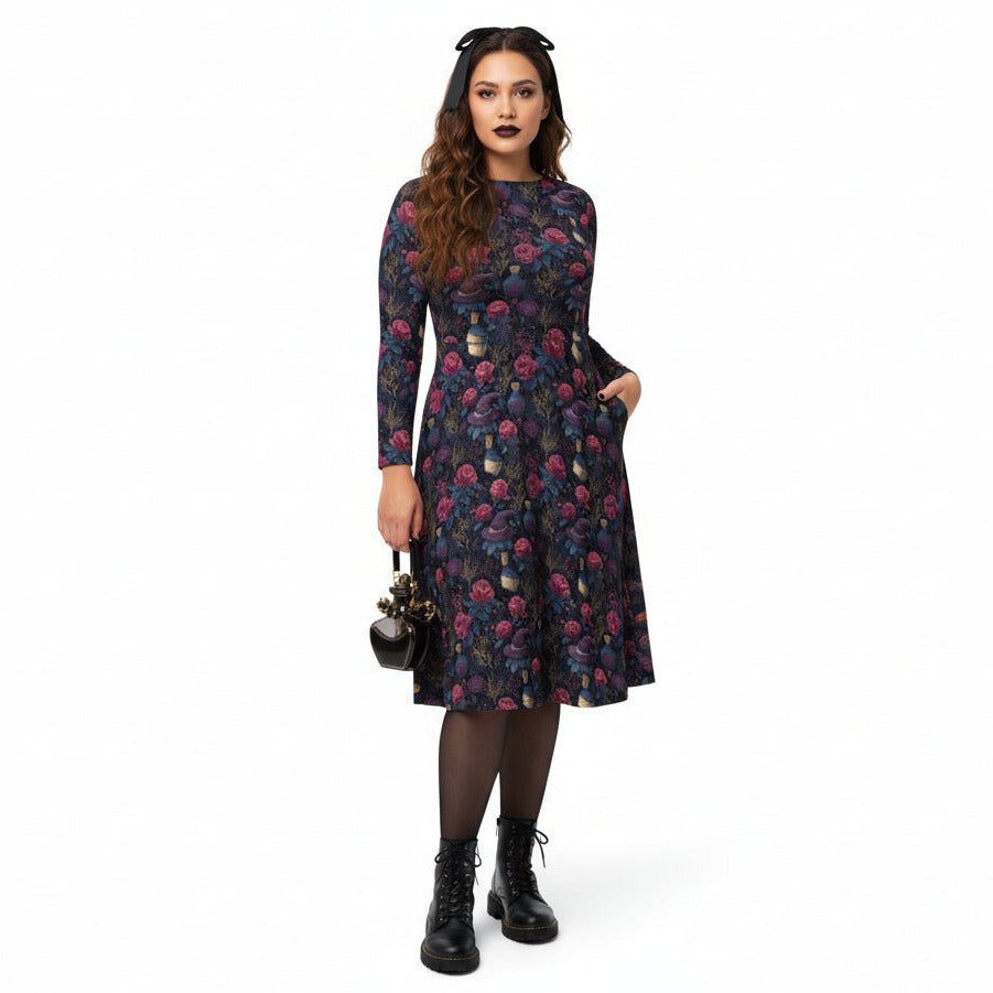 Woman wearing a floral dress on a white background