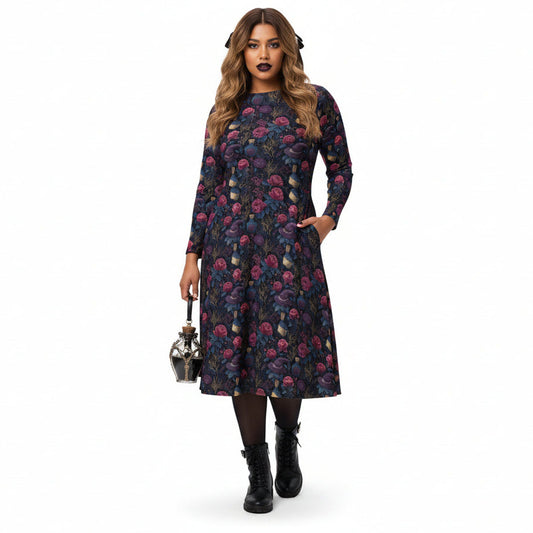 Woman wearing a floral dress on a white background