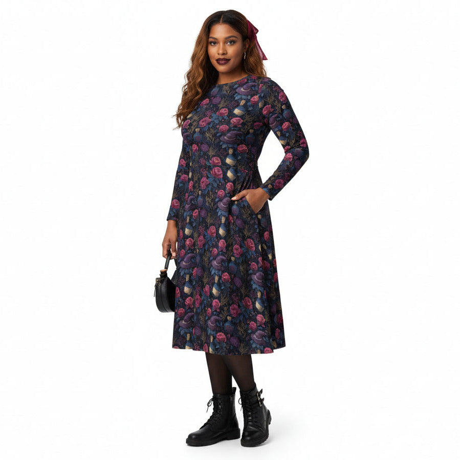 Woman wearing a floral dress on a white background