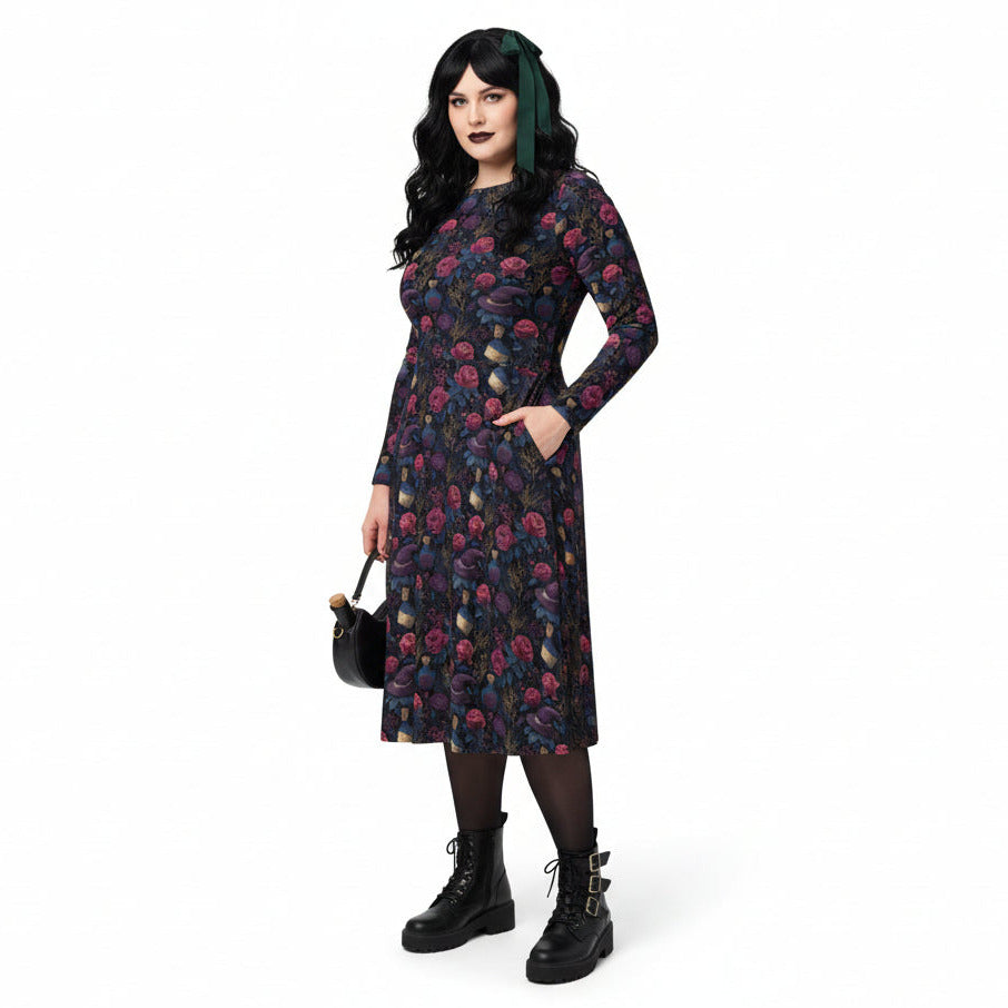 Woman wearing a floral dress with a white background