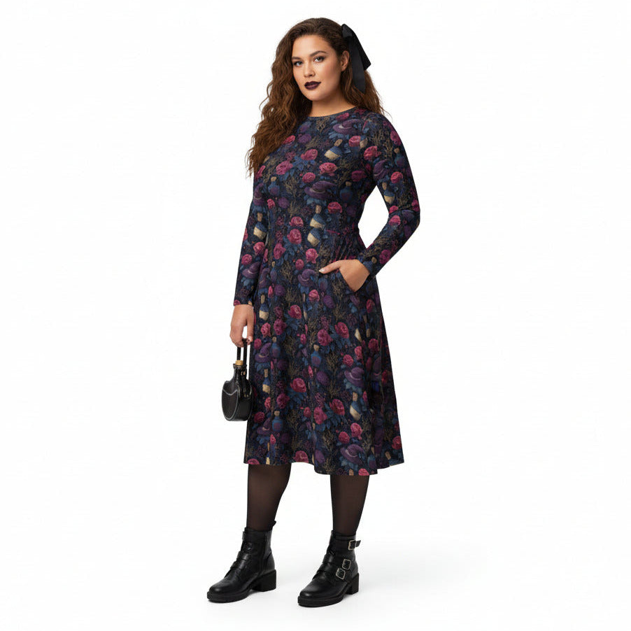 Woman wearing a floral dress on a white background