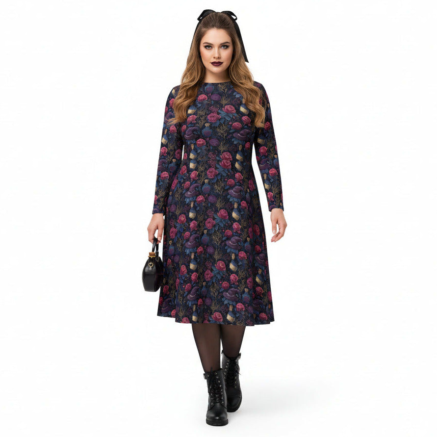 Woman wearing a floral dress on a white background