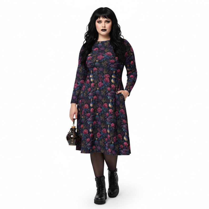 Woman wearing a floral dress on a white background