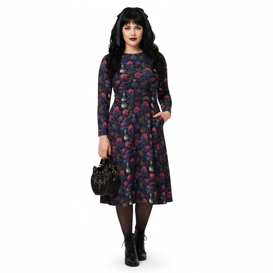 Woman wearing a floral dress on a white background