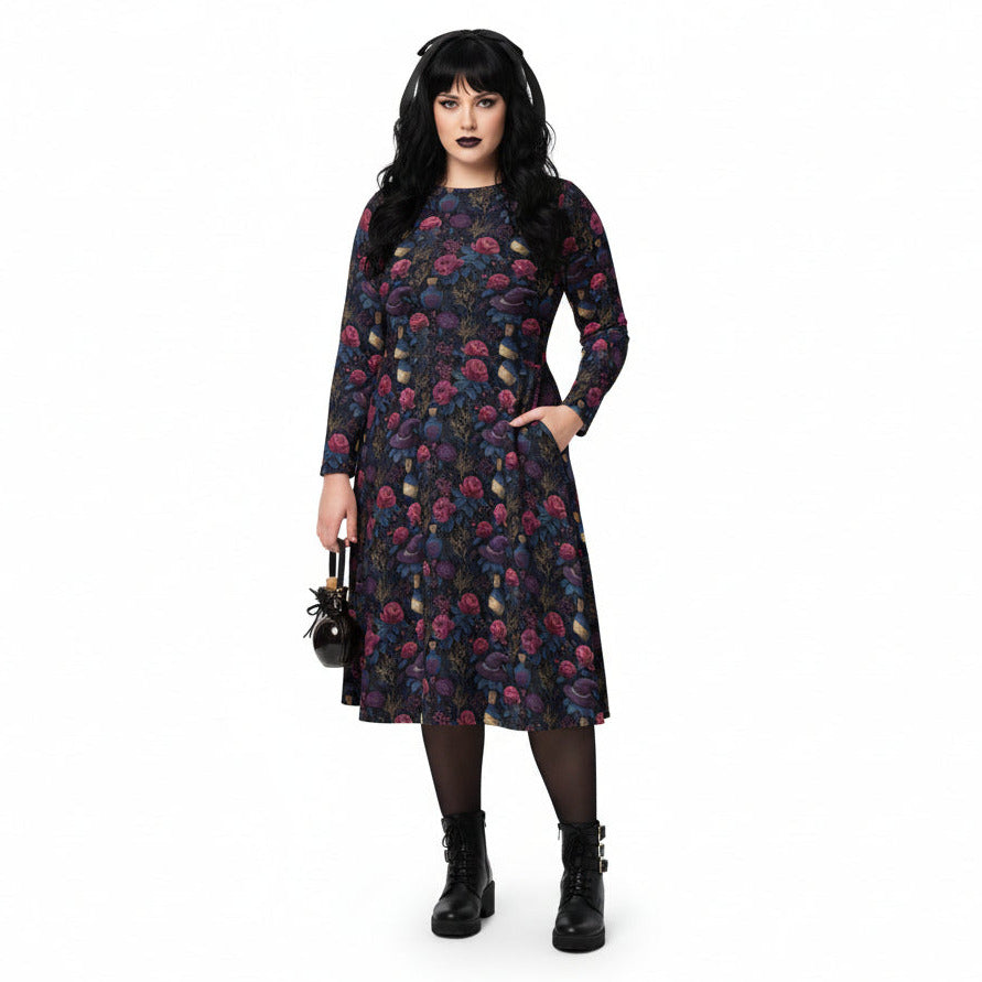 Woman wearing a dark floral dress on a white background