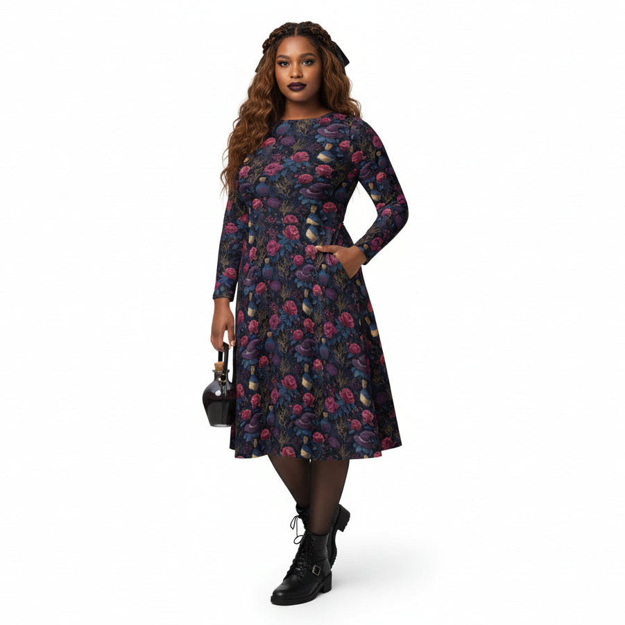 Woman wearing a floral dress on a white background