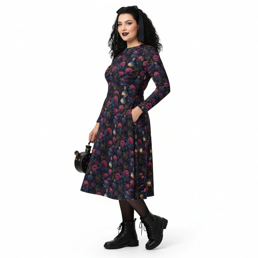 Woman wearing a floral dress with long sleeves on a white background