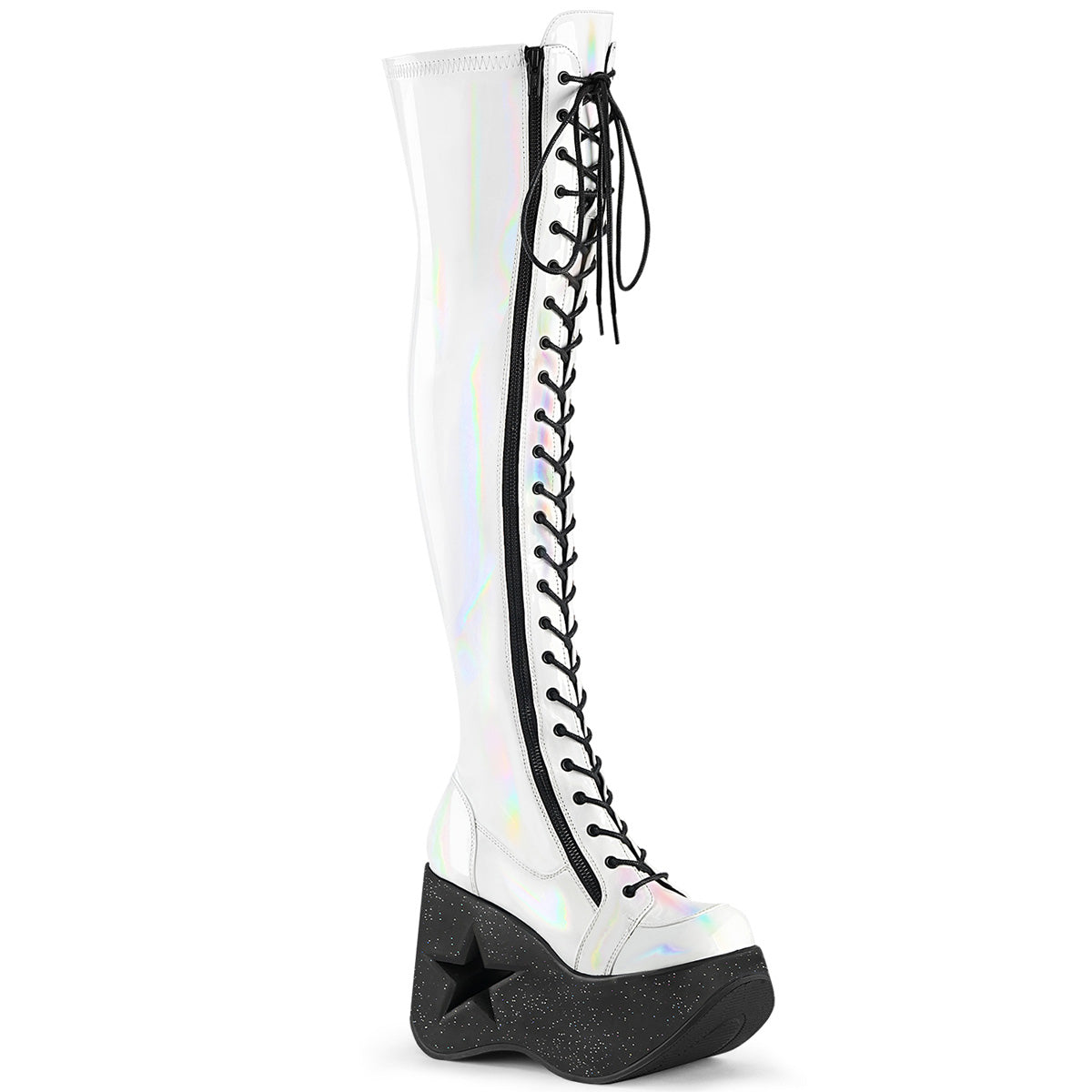 White holographic thigh-high platform boots with black laces and 5-inch star cutout wedge heel.