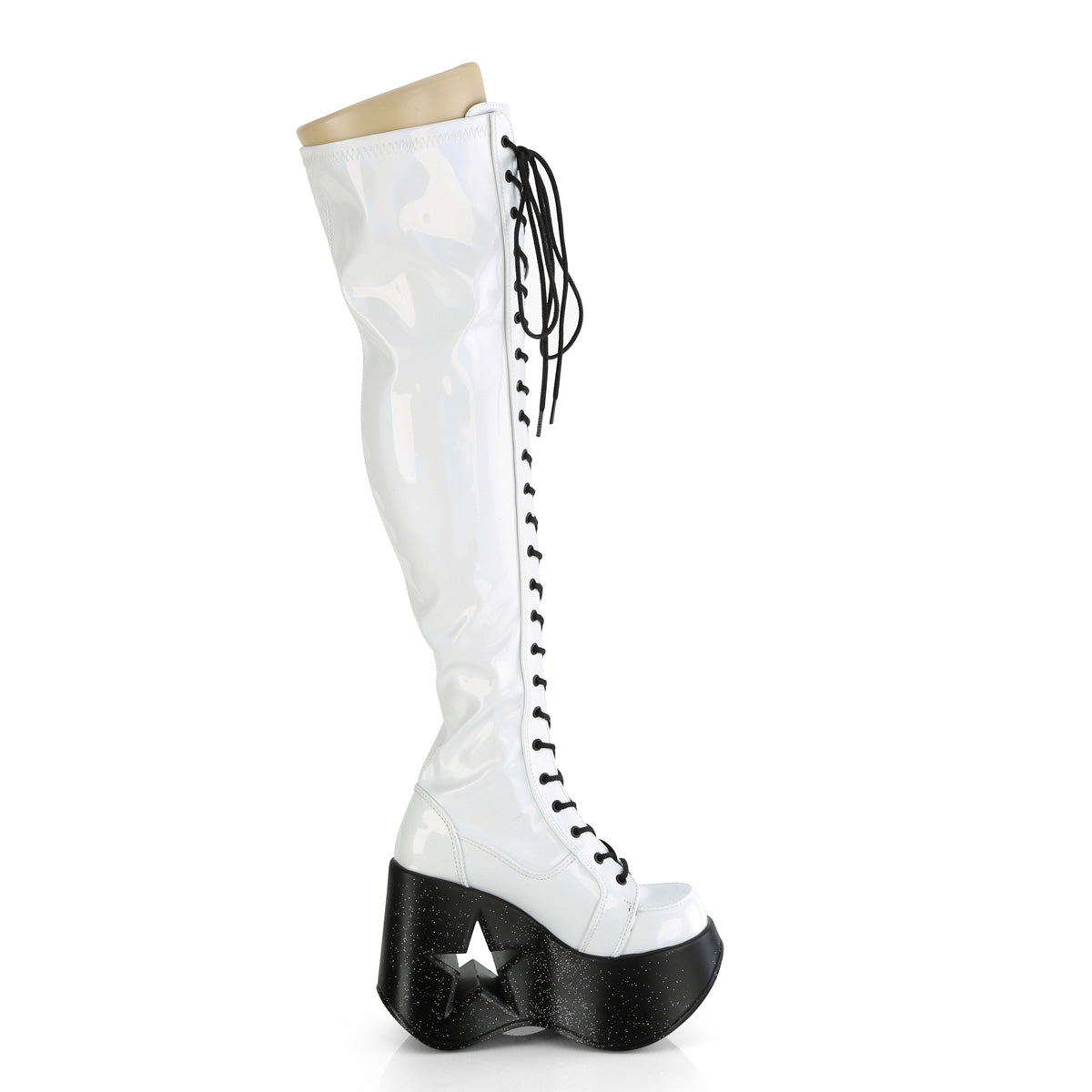 White holographic thigh-high platform boots with black laces and 5-inch star cutout wedge heel.