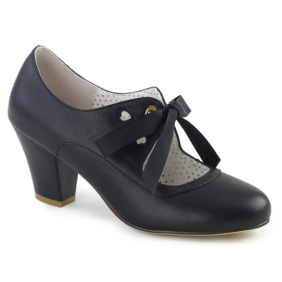 Black faux leather Mary Jane shoes with a 2.5-inch Cuban kitten heel, ribbon tie closure, and heart cutout detailing in a 1950s pin-up style.