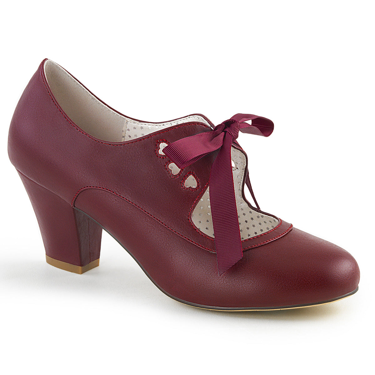 Burgundy Red faux leather Mary Jane shoes with a 2.5-inch Cuban kitten heel, ribbon tie closure, and heart cutout detailing in a 1950s pin-up style.