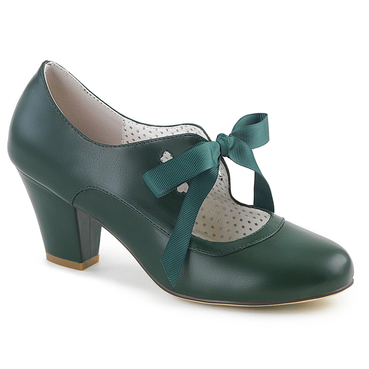 Green faux leather Mary Jane shoes with a 2.5-inch Cuban kitten heel, ribbon tie closure, and heart cutout detailing in a 1950s pin-up style.