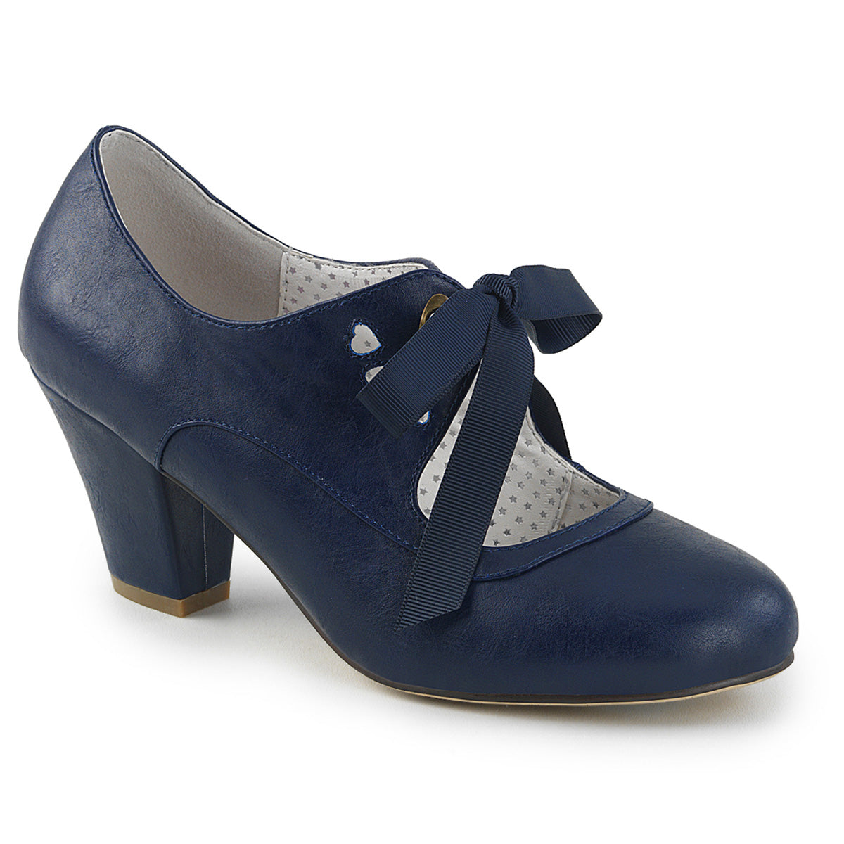 Navy Blue faux leather Mary Jane shoes with a 2.5-inch Cuban kitten heel, ribbon tie closure, and heart cutout detailing in a 1950s pin-up style.