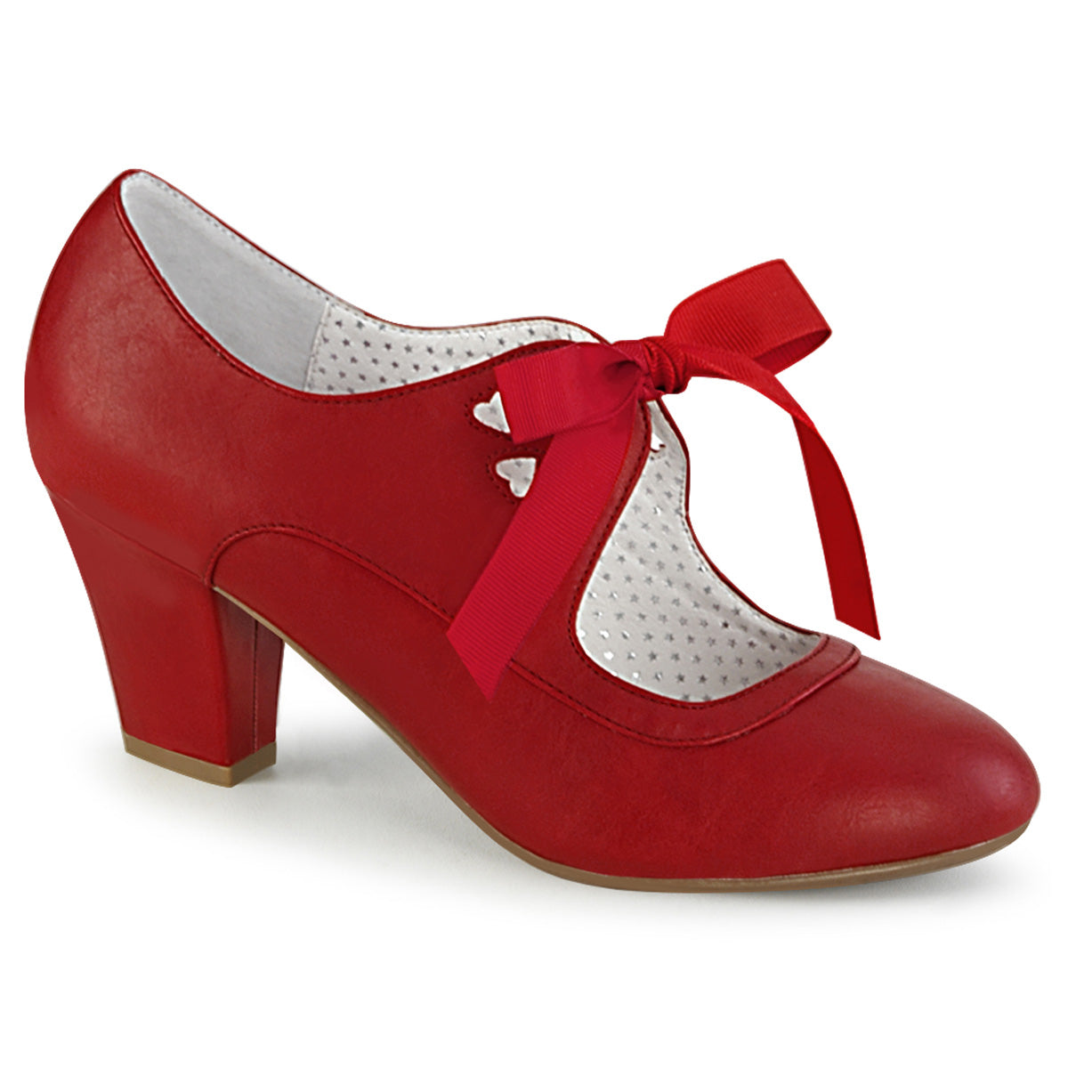 Red faux leather Mary Jane shoes with a 2.5-inch Cuban kitten heel, ribbon tie closure, and heart cutout detailing in a 1950s pin-up style.