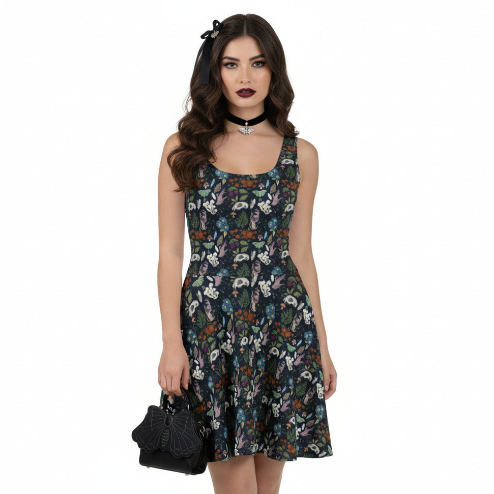 Woman wearing a floral dress on a white background