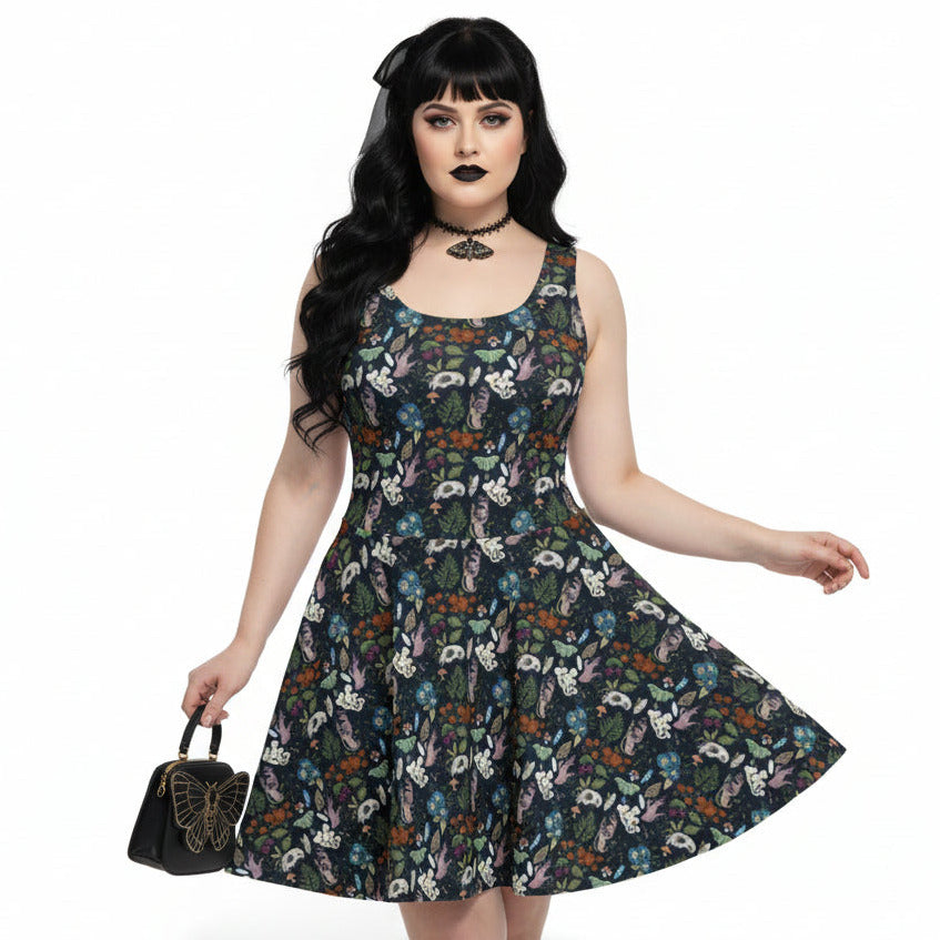 Woman wearing a floral dress on a white background